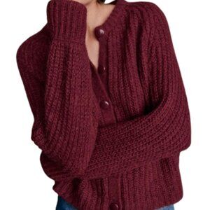 Cozy Balloon Sleeve Knit Cardigan Button Front Oversized Sweater Casual Layer